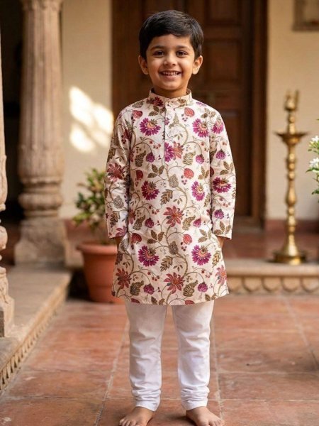 Sleek Off White Elegant Printed Kids Ethnic Wear for Traditional Functions Mens Wear