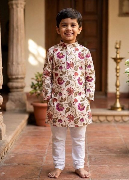 Sleek Off White Elegant Printed Kids Ethnic Wear for Traditional Functions Boys Wear