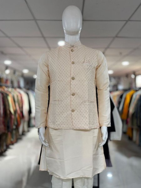 Sleek OffWhite Silk Koti Kurta Set with Thread and Sequins Embroidery For Party Wear Mens Wear