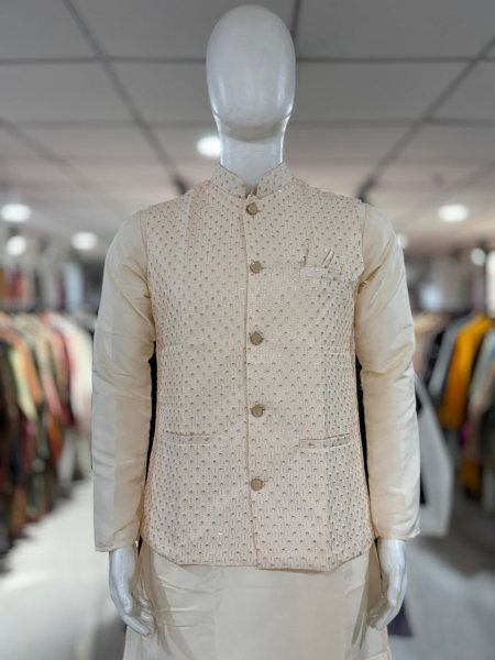 Sleek OffWhite Silk Koti Kurta Set with Thread and Sequins Embroidery For Party Wear Kurta Pajama Wholesale