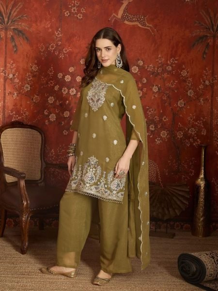 Sleek Olive Green Latest Short Kurti Collection With Zari Embroidery Work At Lowest Price  Ready To Wear Suit