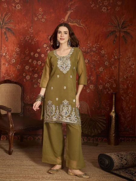 Sleek Olive Green Latest Short Kurti Collection With Zari Embroidery Work At Lowest Price  Ready To Wear Collection