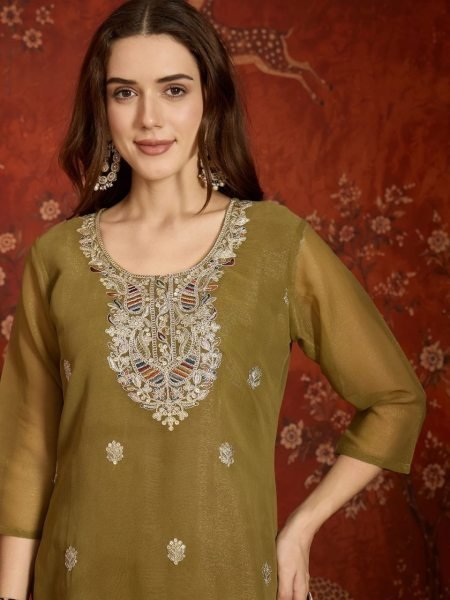 Sleek Olive Green Latest Short Kurti Collection With Zari Embroidery Work At Lowest Price  Ready To Wear Collection