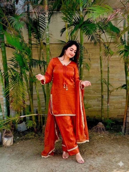Sleek Orange Fendi Satin Silk Kurta with Handcrafted Real Mirror at Wholesale Rate 