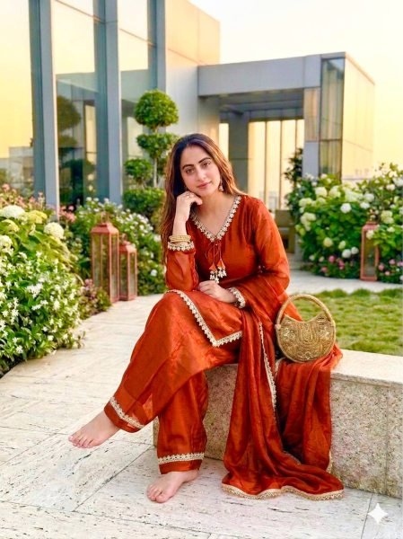 Sleek Orange Fendi Satin Silk Kurta with Handcrafted Real Mirror at Wholesale Rate Ready To Wear Collection