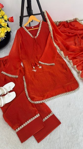 Sleek Orange Fendi Satin Silk Kurta with Handcrafted Real Mirror at Wholesale Rate Ready To Wear Collection