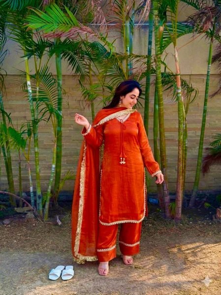 Sleek Orange Fendi Satin Silk Kurta with Handcrafted Real Mirror at Wholesale Rate Ready To Wear Collection