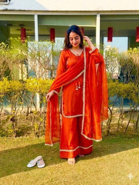 Sleek Orange Fendi Satin Silk Kurta with Handcrafted Real Mirror at Wholesale Rate Ready To Wear Collection