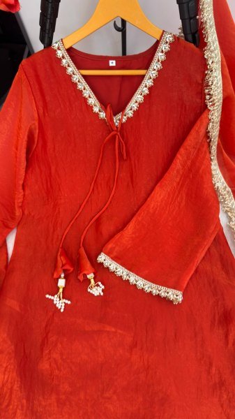 Sleek Orange Fendi Satin Silk Kurta with Handcrafted Real Mirror at Wholesale Rate Ready To Wear Collection