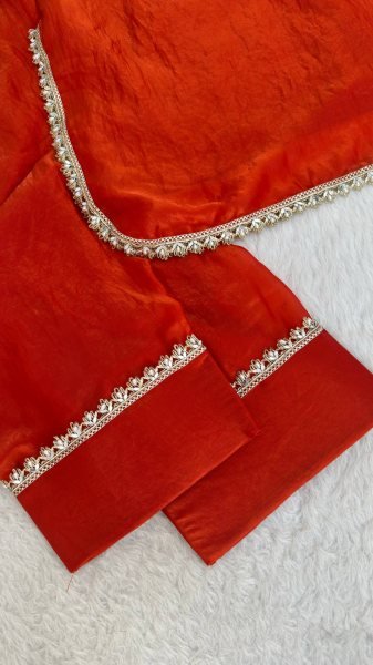 Sleek Orange Fendi Satin Silk Kurta with Handcrafted Real Mirror at Wholesale Rate Ready To Wear Collection