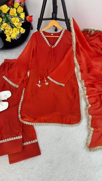 Sleek Orange Fendi Satin Silk Kurta with Handcrafted Real Mirror at Wholesale Rate Ready To Wear Collection