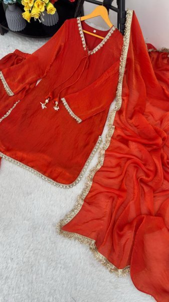 Sleek Orange Fendi Satin Silk Kurta with Handcrafted Real Mirror at Wholesale Rate Ready To Wear Collection