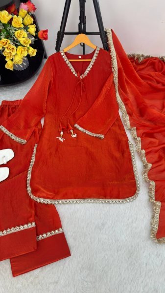 Sleek Orange Fendi Satin Silk Kurta with Handcrafted Real Mirror at Wholesale Rate Ready To Wear Collection