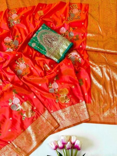 Sleek Orange Floral Jacquard Soft Silk Saree with Heavy Blouse At Wholesale  