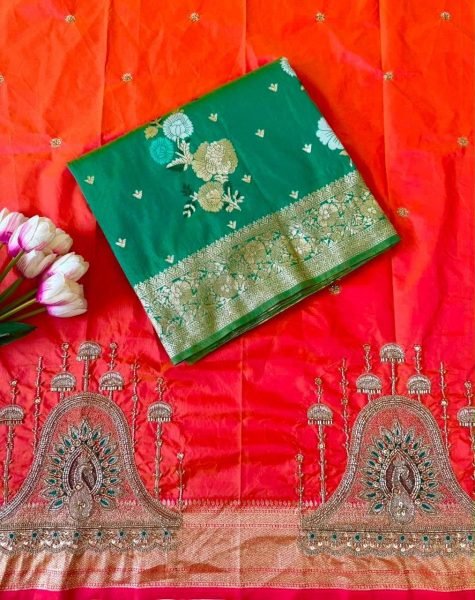 Sleek Orange Floral Jacquard Soft Silk Saree with Heavy Blouse At Wholesale  Silk Sarees Wholesale