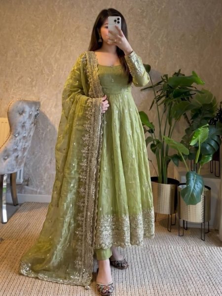 Sleek Parrot Green Embroidery Work Gown Set with Dupatta and Comfortable Pant Ready To Wear Suit