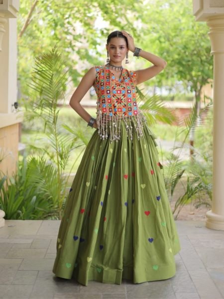 Sleek Parrot Green Navratri Cotton Lehenga Choli with Thread Embroidered Blouse  Lehenga