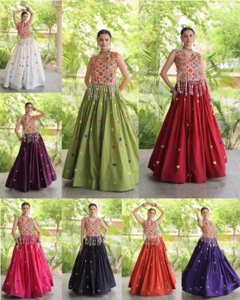 Sleek Parrot Green Navratri Cotton Lehenga Choli with Thread Embroidered Blouse Navratri Lehnega Choli