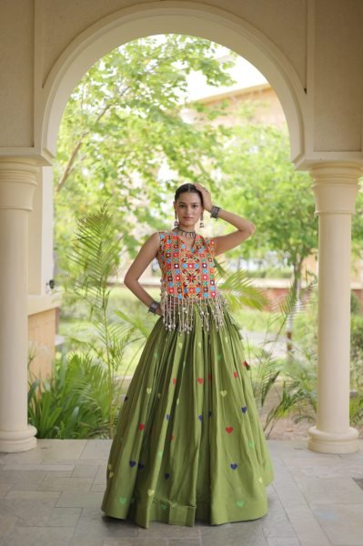 Sleek Parrot Green Navratri Cotton Lehenga Choli with Thread Embroidered Blouse Navratri Lehnega Choli
