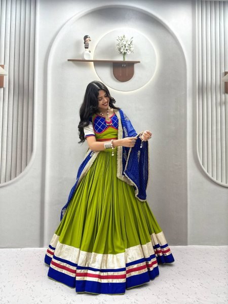 Sleek Parrot Green Pure Cotton Lehenga Choli for Navratri with Heavy Ribbon Work  Lehenga