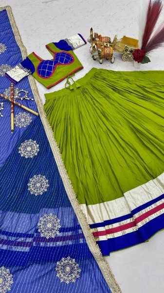 Sleek Parrot Green Pure Cotton Lehenga Choli for Navratri with Heavy Ribbon Work Navratri Lehnega Choli
