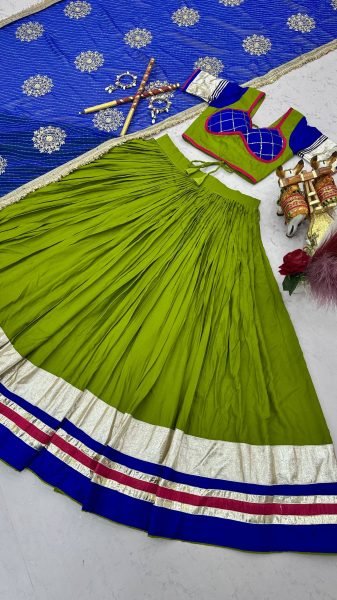 Sleek Parrot Green Pure Cotton Lehenga Choli for Navratri with Heavy Ribbon Work Navratri Lehnega Choli