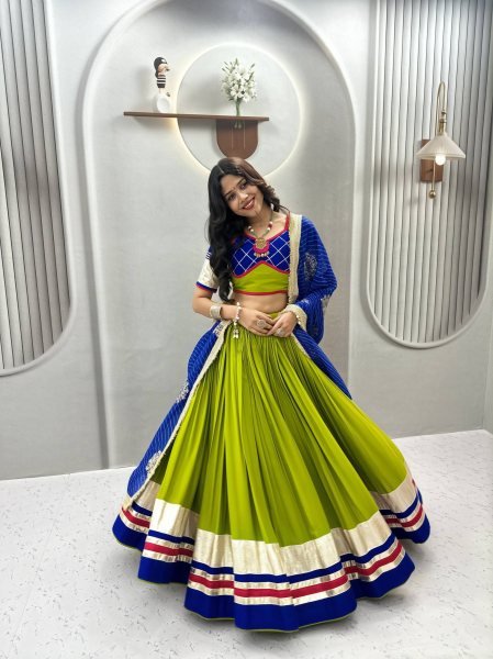 Sleek Parrot Green Pure Cotton Lehenga Choli for Navratri with Heavy Ribbon Work Navratri Lehnega Choli