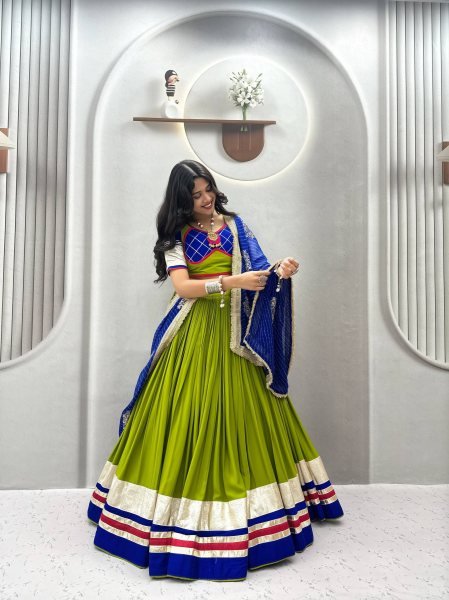 Sleek Parrot Green Pure Cotton Lehenga Choli for Navratri with Heavy Ribbon Work Navratri Lehnega Choli