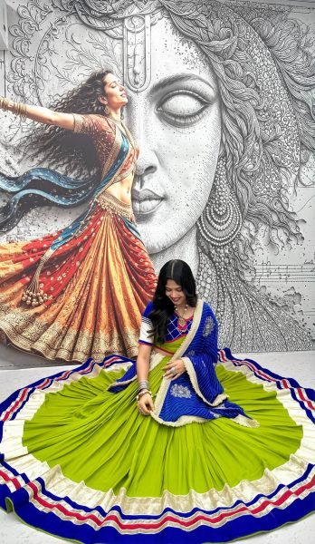 Sleek Parrot Green Pure Cotton Lehenga Choli for Navratri with Heavy Ribbon Work Navratri Lehnega Choli
