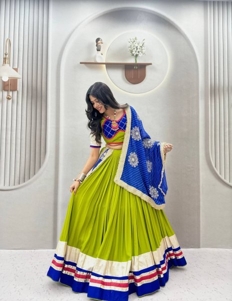 Sleek Parrot Green Pure Cotton Lehenga Choli for Navratri with Heavy Ribbon Work Navratri Lehnega Choli