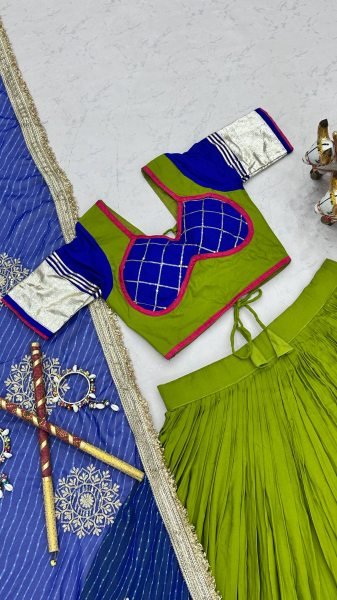 Sleek Parrot Green Pure Cotton Lehenga Choli for Navratri with Heavy Ribbon Work Navratri Lehnega Choli
