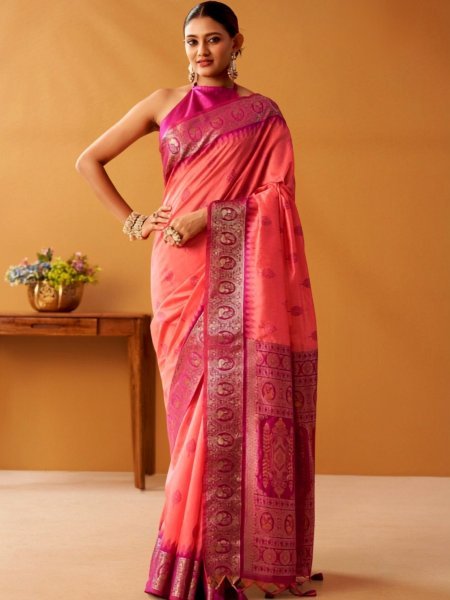 Sleek Peach Modal Fancy Cotton Saree with Pochampally Border and Rich Pallu 