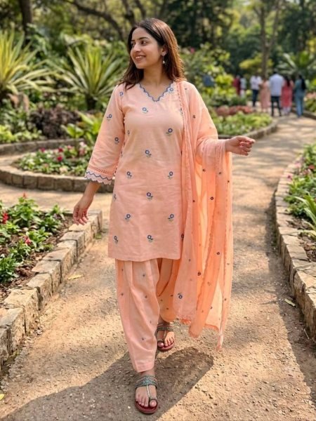 Sleek Peach Silk Farshi Palazzo Set with Satin Mul Chanderi Embroidered Top For Party Wear Ready To Wear Suit