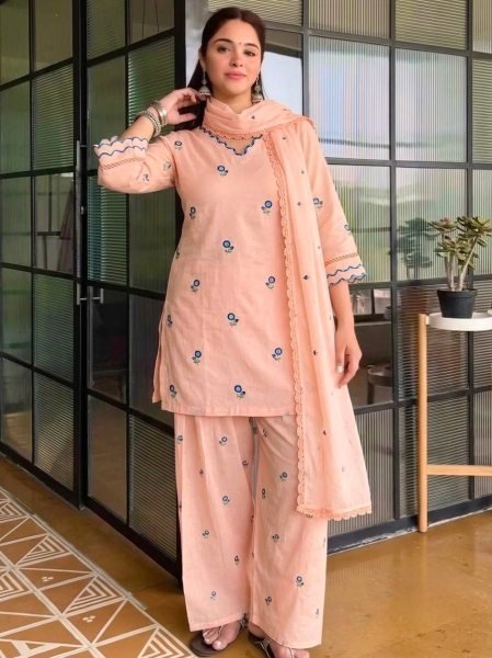 Sleek Peach Silk Farshi Palazzo Set with Satin Mul Chanderi Embroidered Top For Party Wear Ready To Wear Collection