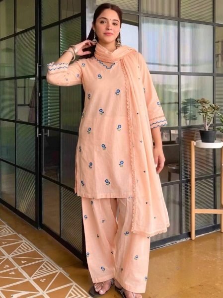 Sleek Peach Silk Farshi Palazzo Set with Satin Mul Chanderi Embroidered Top For Party Wear Ready To Wear Collection