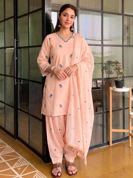 Sleek Peach Silk Farshi Palazzo Set with Satin Mul Chanderi Embroidered Top For Party Wear Ready To Wear Collection