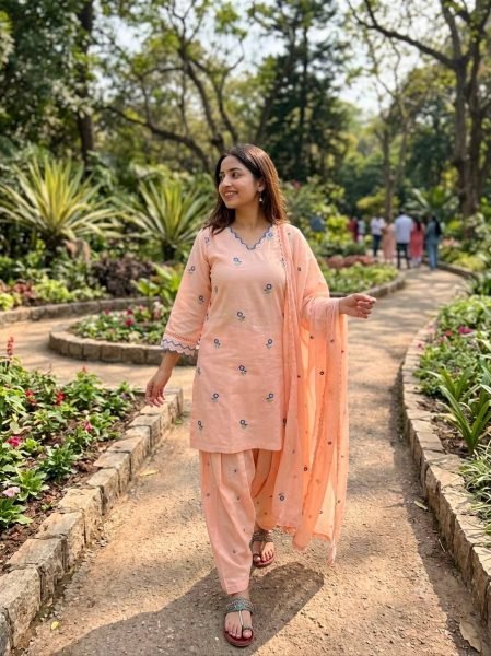 Sleek Peach Silk Farshi Palazzo Set with Satin Mul Chanderi Embroidered Top For Party Wear Ready To Wear Collection