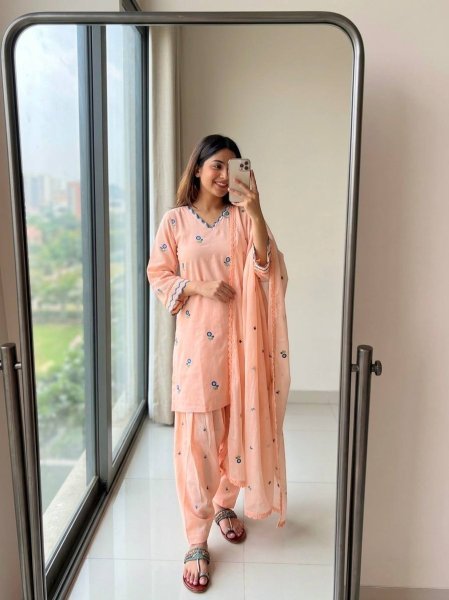 Sleek Peach Silk Farshi Palazzo Set with Satin Mul Chanderi Embroidered Top For Party Wear Ready To Wear Collection