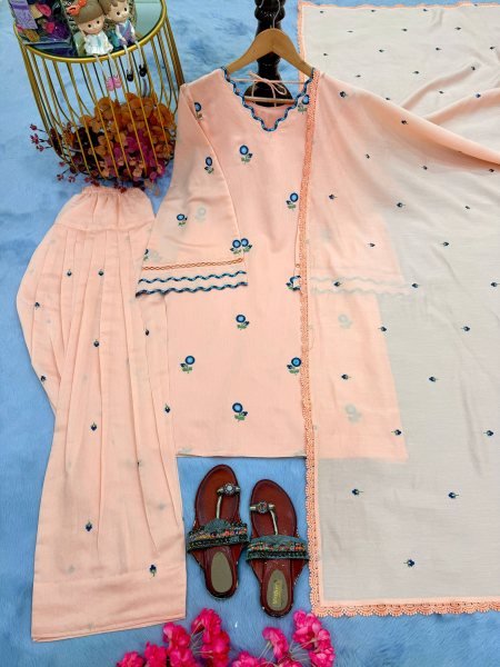 Sleek Peach Silk Farshi Palazzo Set with Satin Mul Chanderi Embroidered Top For Party Wear Ready To Wear Collection