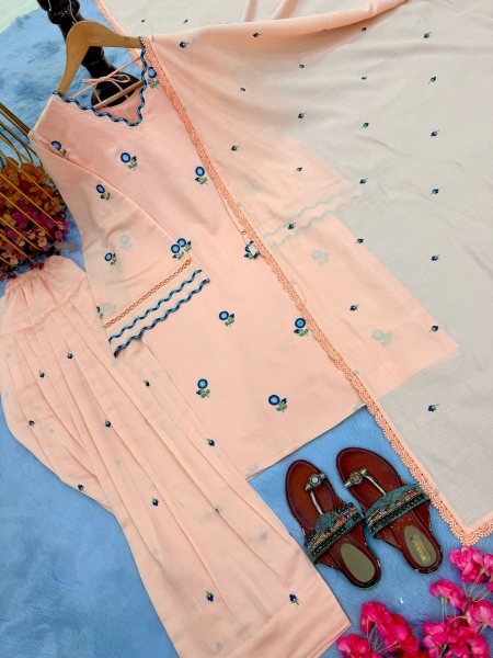 Sleek Peach Silk Farshi Palazzo Set with Satin Mul Chanderi Embroidered Top For Party Wear Ready To Wear Collection