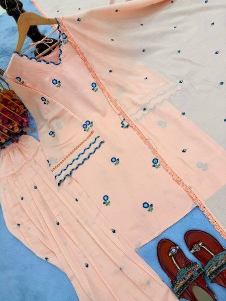 Sleek Peach Silk Farshi Palazzo Set with Satin Mul Chanderi Embroidered Top For Party Wear Ready To Wear Collection
