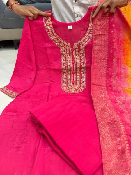 Sleek Pink Banarasi Suit Set with Zari Weaving and Dupatta for Festive Wear  Straight Cut Long Kurtis