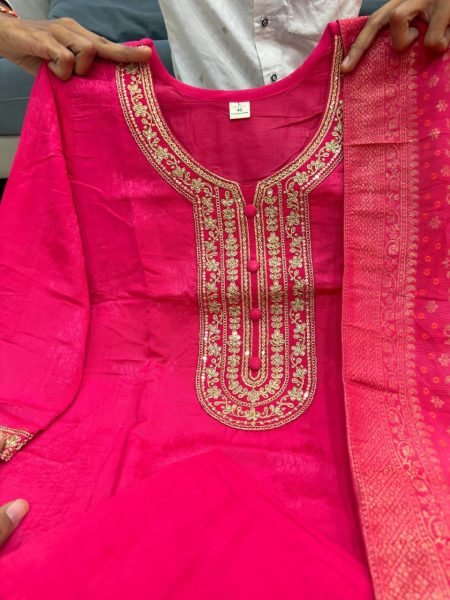 Sleek Pink Banarasi Suit Set with Zari Weaving and Dupatta for Festive Wear  Straight Cut Long Kurtis