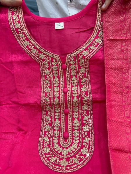 Sleek Pink Banarasi Suit Set with Zari Weaving and Dupatta for Festive Wear  Straight Cut Long Kurtis