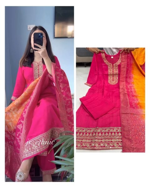 Sleek Pink Banarasi Suit Set with Zari Weaving and Dupatta for Festive Wear  Straight Cut Long Kurtis
