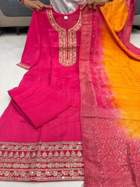 Sleek Pink Banarasi Suit Set with Zari Weaving and Dupatta for Festive Wear  Straight Cut Long Kurtis