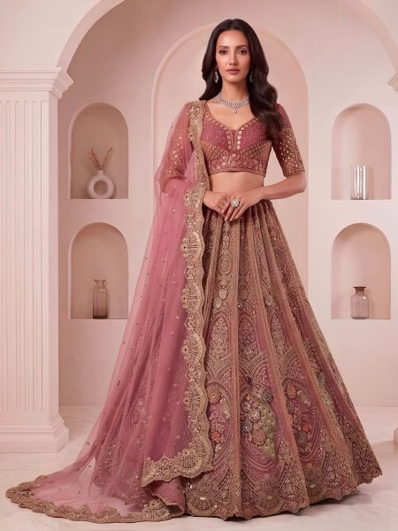 Sleek Pink Bridal Net Lehenga Choli with Heavy Zari Embroidery and Soft Net Dupatta 