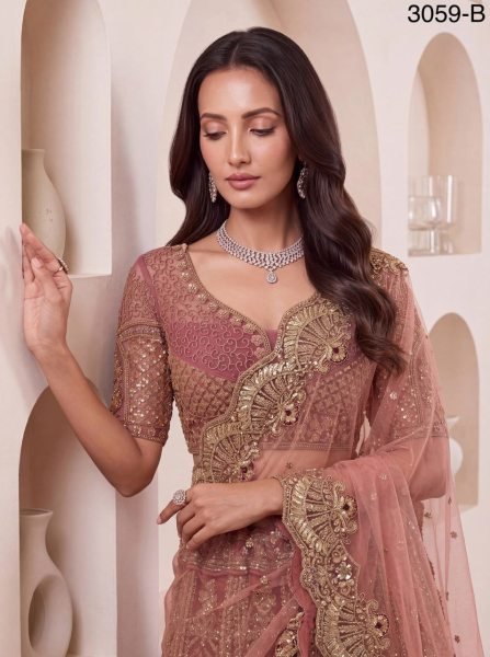 Sleek Pink Bridal Net Lehenga Choli with Heavy Zari Embroidery and Soft Net Dupatta Bridal Lehenga Choli