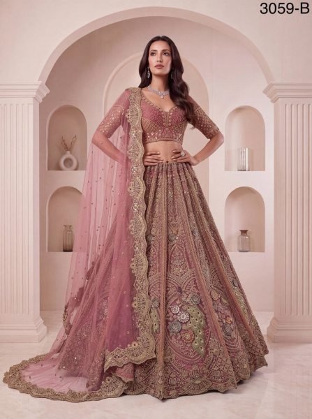Sleek Pink Bridal Net Lehenga Choli with Heavy Zari Embroidery and Soft Net Dupatta Bridal Lehenga Choli