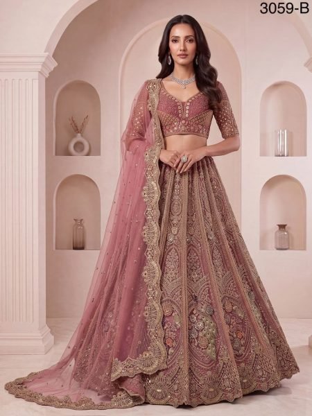 Sleek Pink Bridal Net Lehenga Choli with Heavy Zari Embroidery and Soft Net Dupatta Bridal Lehenga Choli